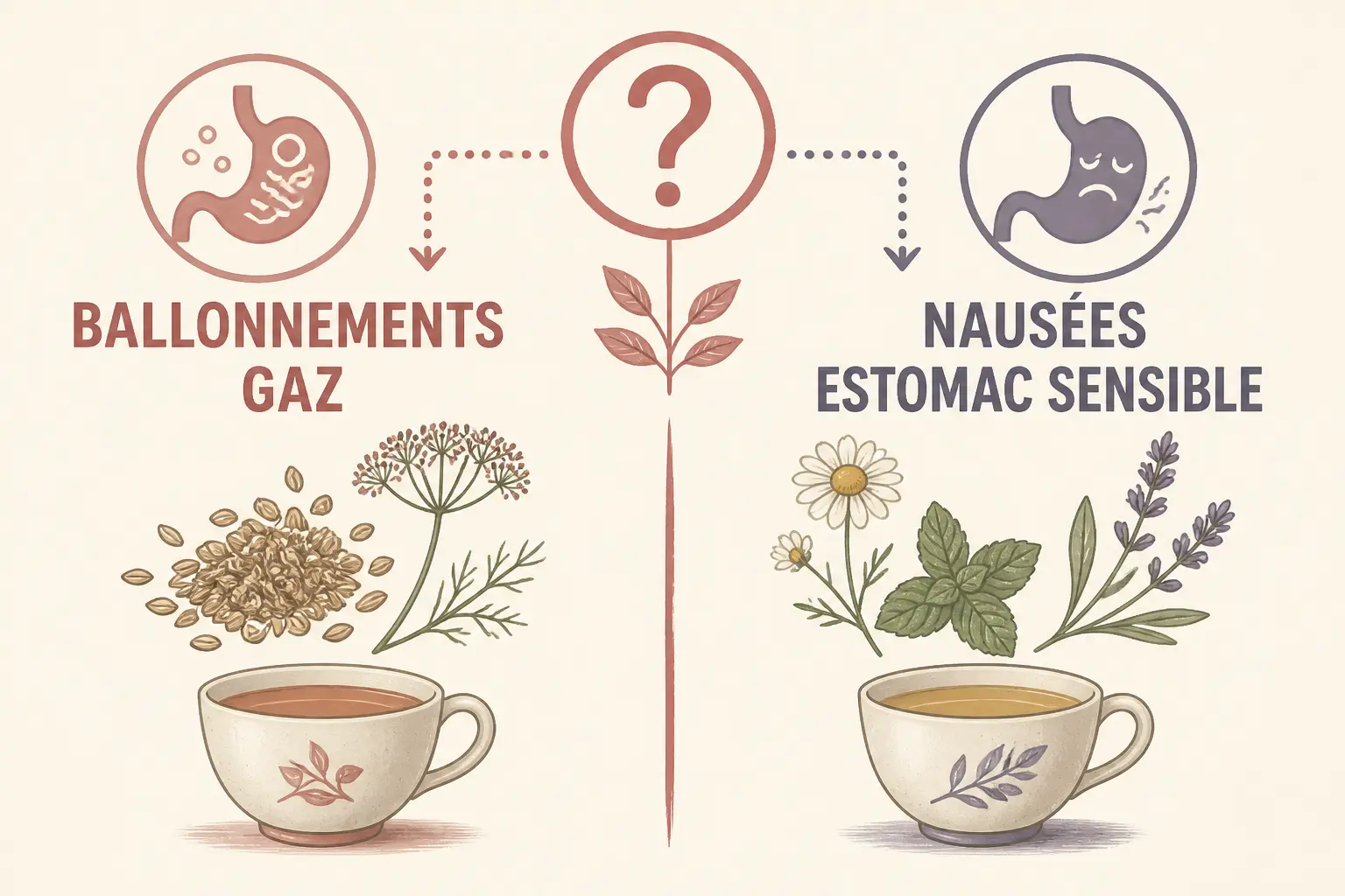 Infographie tisane digestion : choix selon symptômes, avec ballonnements, gaz, nausées et estomac sensible.