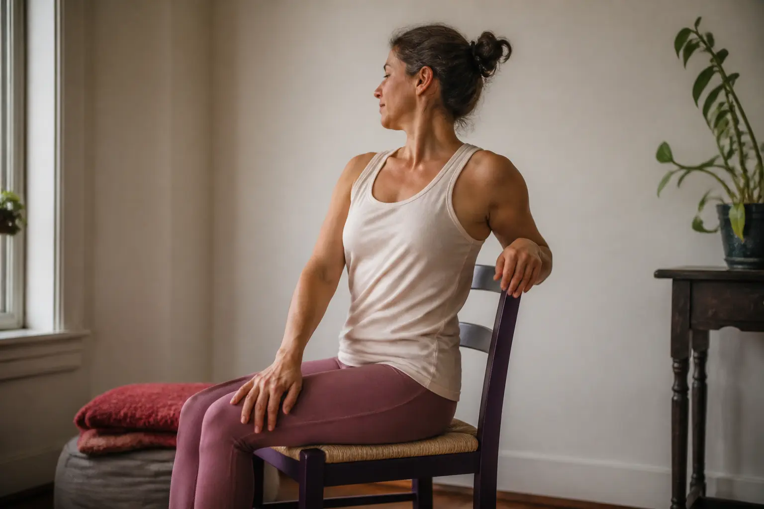 Yoga sur chaise : femme adulte en posture douce sur une chaise, salon lumineux, ambiance calme et naturelle