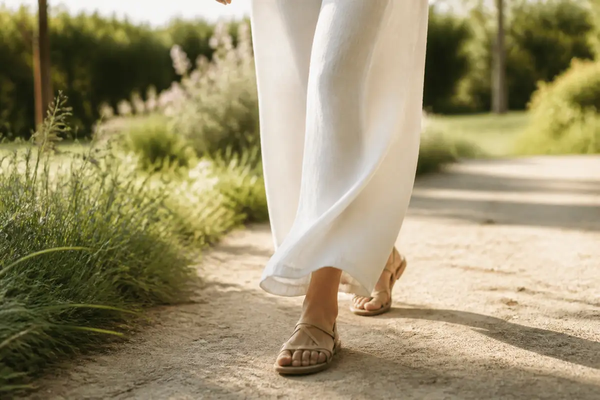 Femme en pantalon de lin marchant sur un chemin ensoleillé