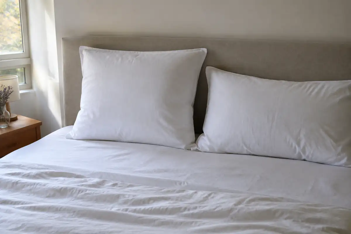Oreiller carré et oreiller rectangulaire posés côte à côte sur un lit
