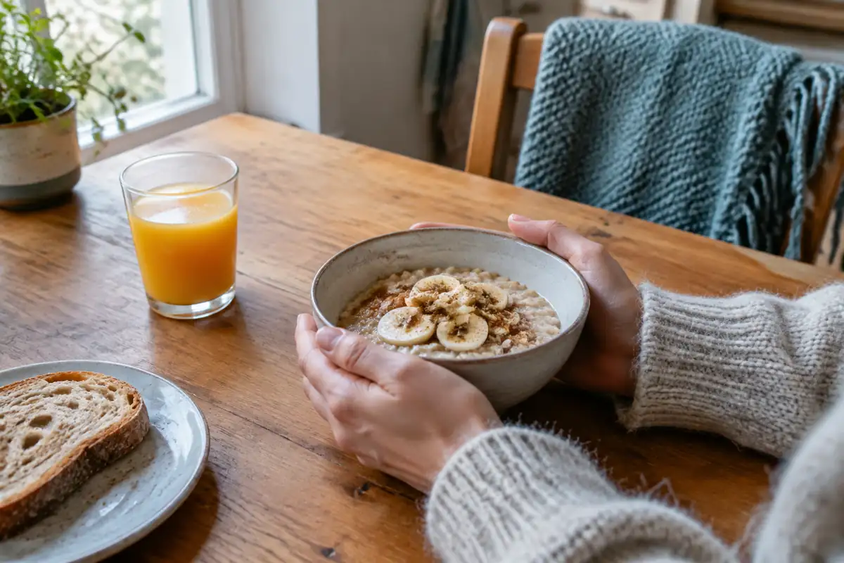Mains autour d'un bol chaud au petit-déjeuner, manches de pull en laine