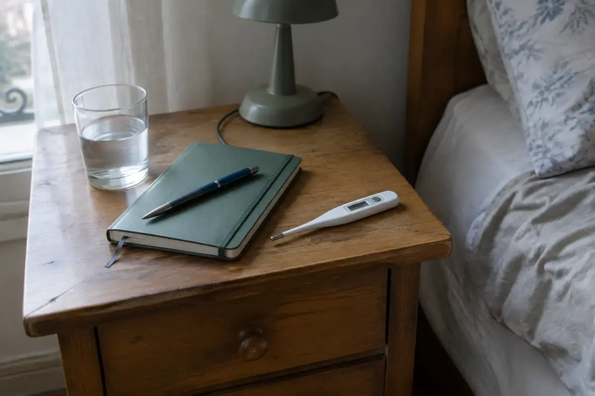 Thermomètre et carnet posés sur une table de chevet le matin