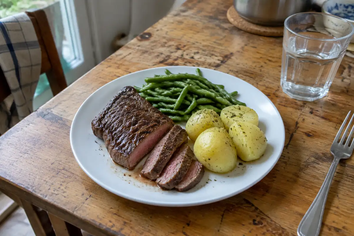 Assiette de steak grillé tranché avec haricots verts et pommes de terre