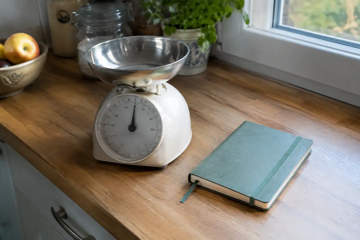Balance de cuisine posée à côté d'un carnet fermé sur un plan de travail