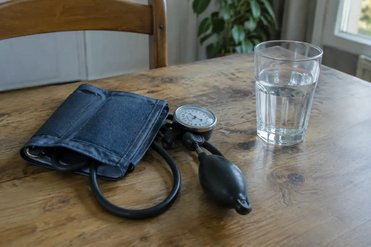Brassard de tensiomètre posé près d'un verre d'eau sur une table