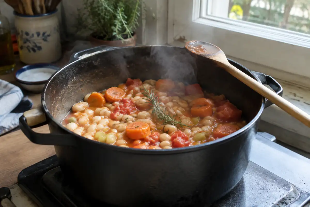 Cocotte de haricots blancs mijotés avec carotte, céleri, tomate et romarin