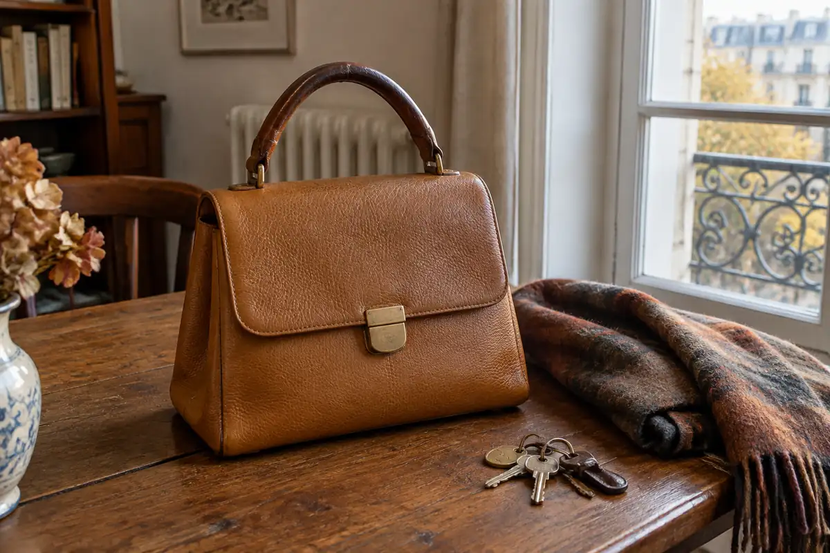 Sac à main classique en cuir grainé marron posé sur une table en bois près d'une fenêtre