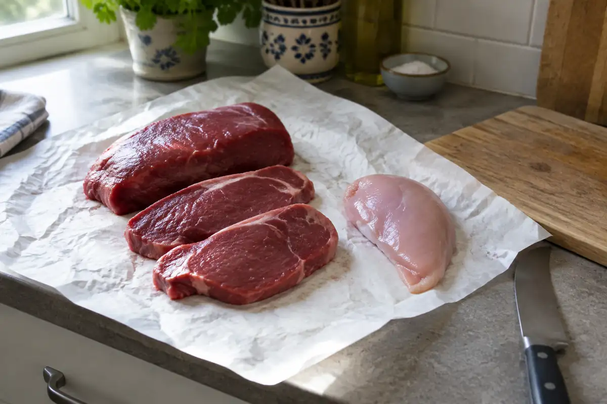 Morceaux de viande maigre crue et filet de poulet sur du papier de boucher