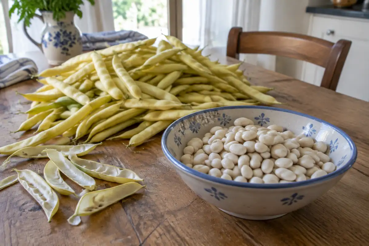 Haricots coco frais dans leurs cosses et bol de haricots écossés sur une table de cuisine