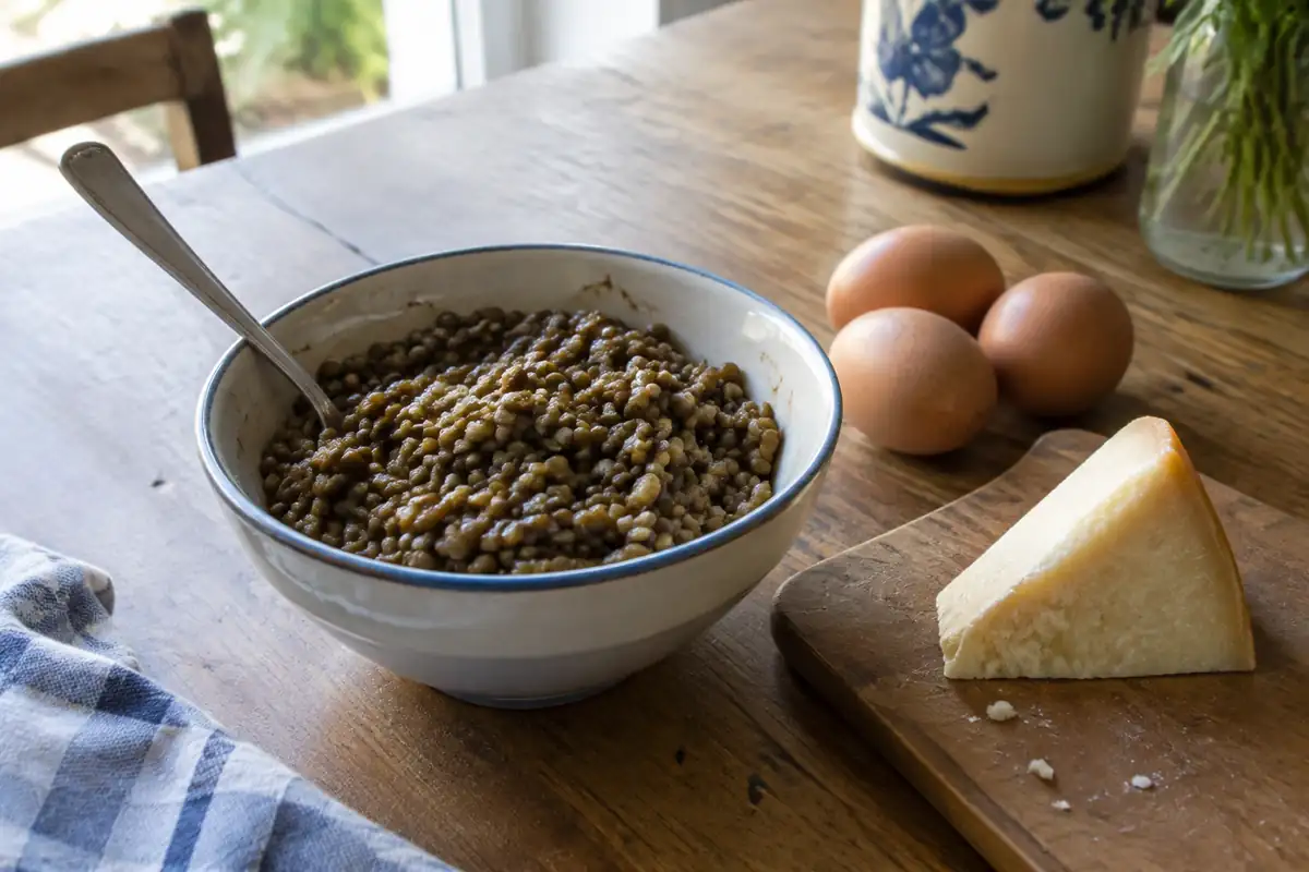 Bol de lentilles, œufs bruns et morceau de fromage à pâte dure sur une table