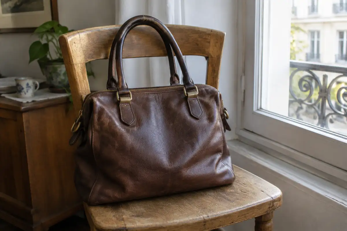 Sac à main en cuir marron posé sur une chaise en bois, anses légèrement patinées, à la lumière d'une fenêtre