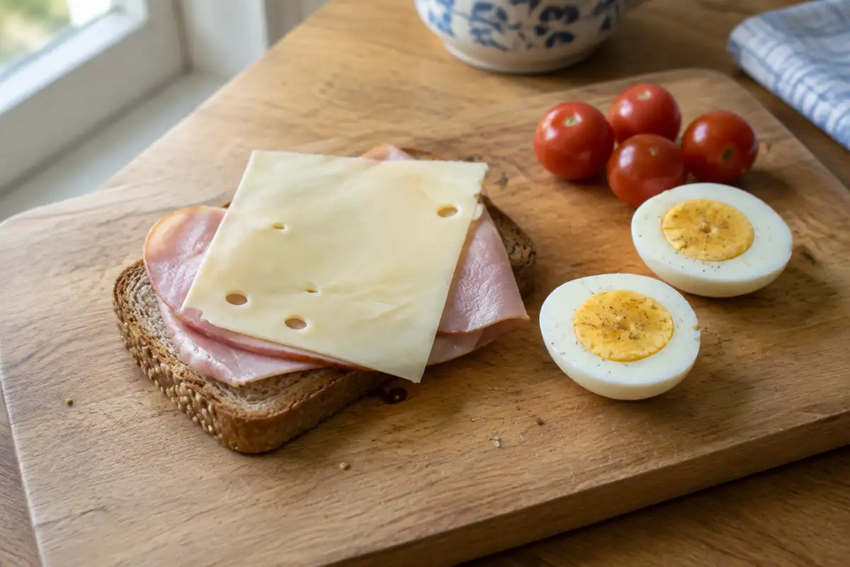 Tartine de pain complet au jambon et à l'emmental avec un œuf dur coupé en deux