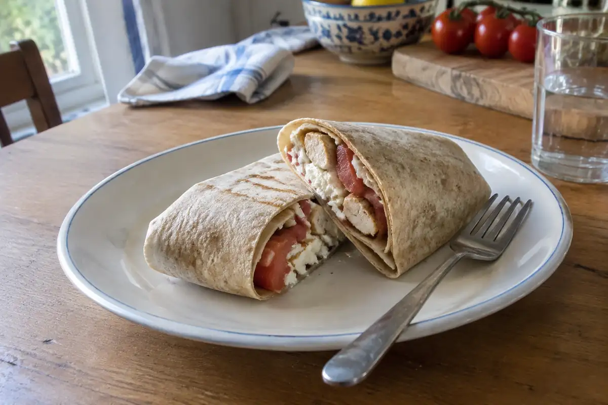 Wrap de blé coupé en deux sur une assiette, avec sa garniture de poulet, de fromage blanc et de tomate